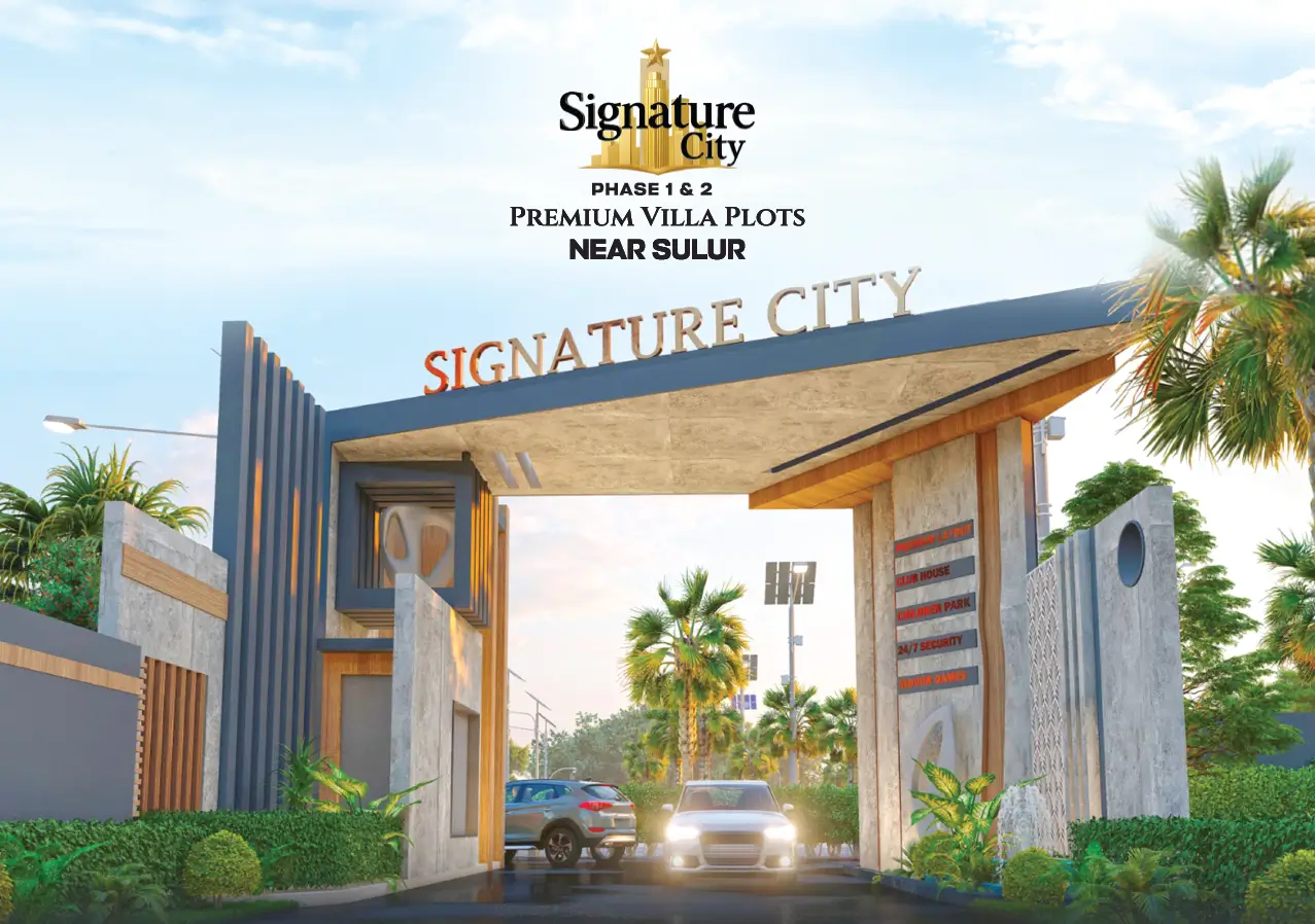 Signature City Sulur grand entrance arch showcasing premium gated community villa plots near Sulur Coimbatore with modern infrastructure and DTCP approved layout